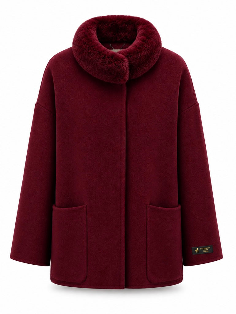 %100 CASHMERE COAT W RUBBIT BURGENDY