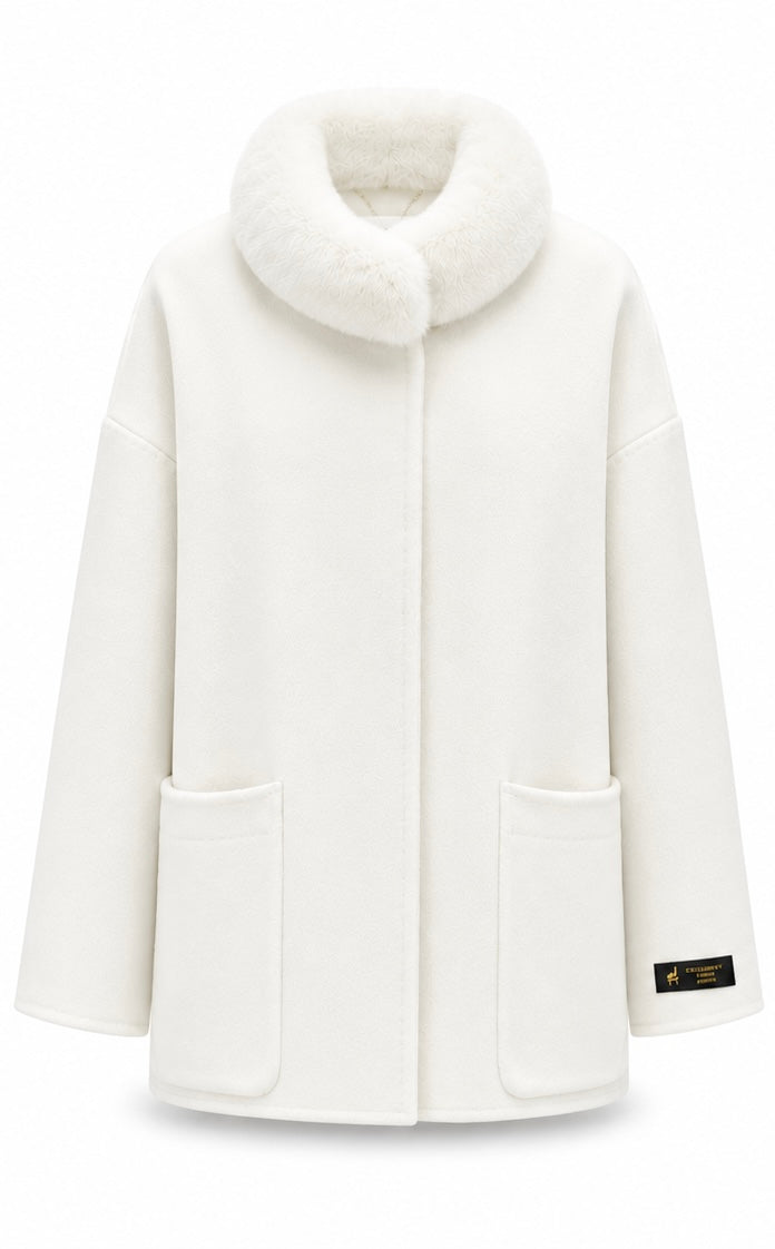 %100 CASHMERE COAT W RUBBIT WHITE