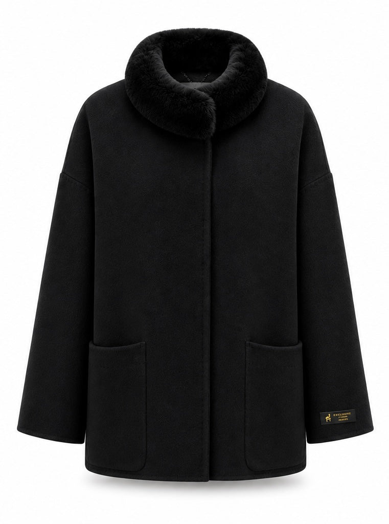 %100 CASHMERE COAT W RUBBIT BLACK