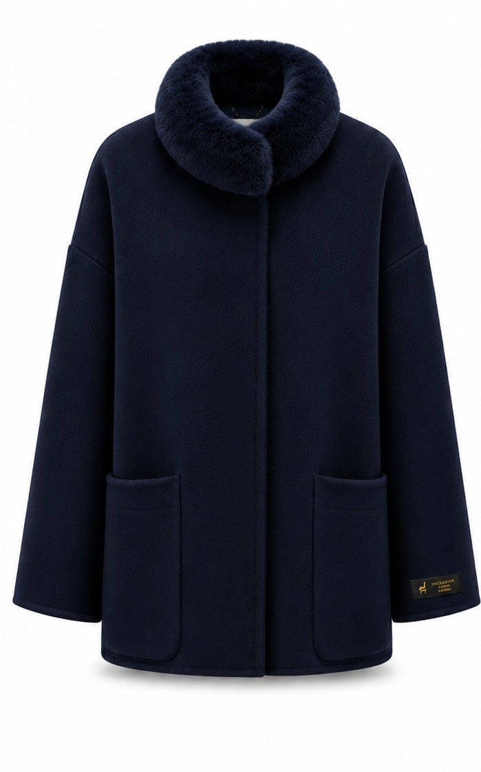 %100 CASHMERE COAT W RUBBIT NAVY-BLUE