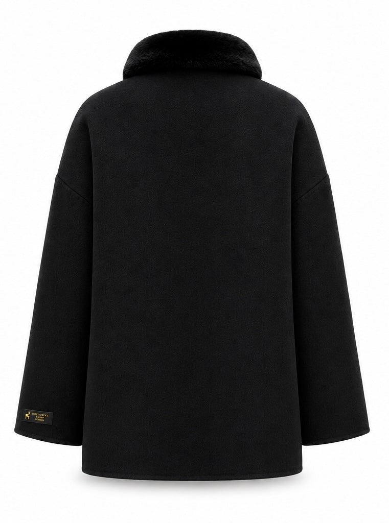 %100 CASHMERE COAT W RUBBIT BLACK
