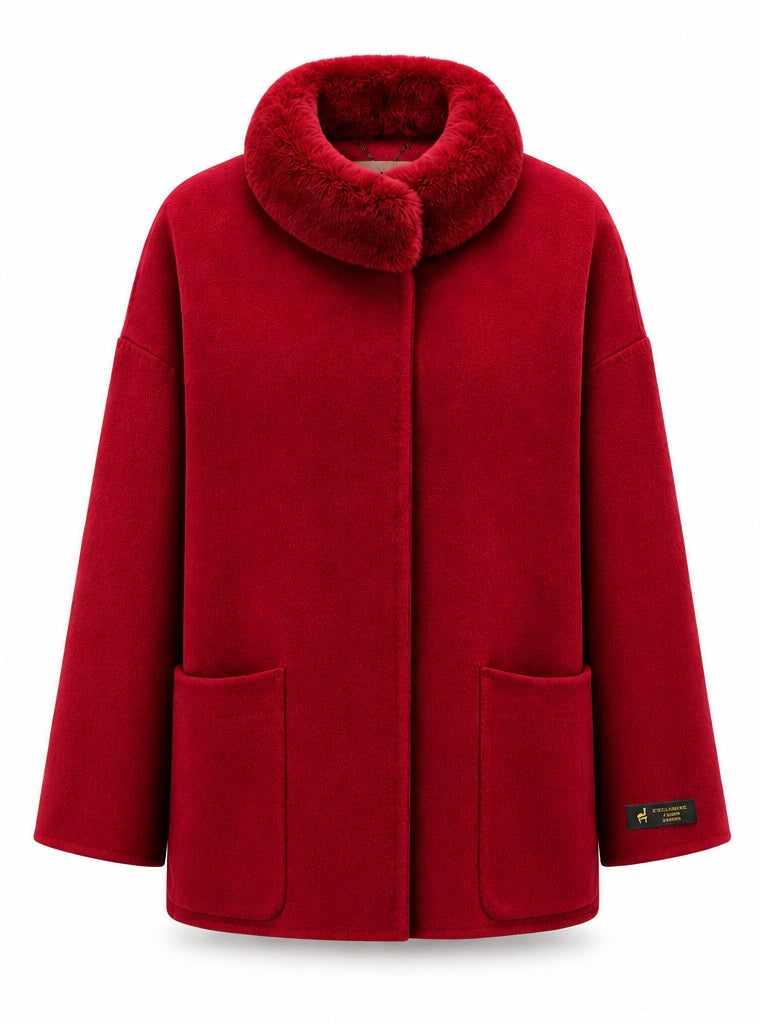 %100 CASHMERE COAT W RUBBIT RED